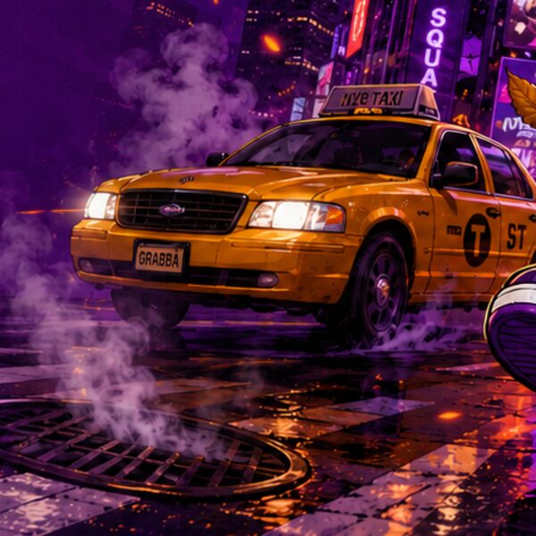 Yellow New York taxi with a Grabba plate on a steaming Manhattan street.